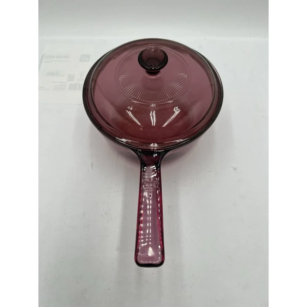 Vintage Visions Cranberry 1.5L Glass Saucepan Pot w Lid Made in USA